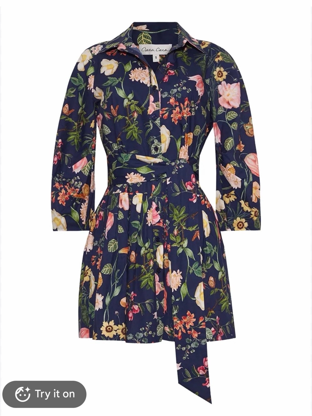 Cara Cara Robin Floral Mini Dress Navy Blue Belted Shirtdress 8 Medium